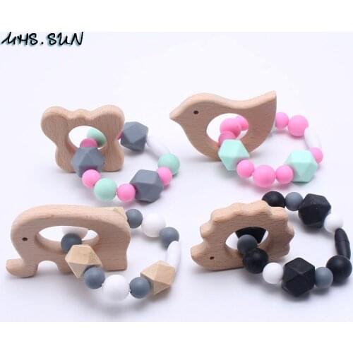 MHS.SUN Bird/Elephant Shaped Bracelet Teething Jewelry For Baby Nursing Toy Organic Hand Wood Bracelets 4pcs/lot Hot Sale