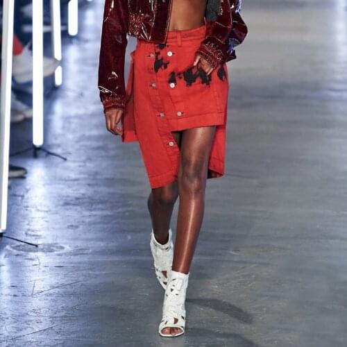 Fashion 11.17 High End Red Tie-dye Asymmetrical Cotton Denim Women Slim A-line Mini Skirt