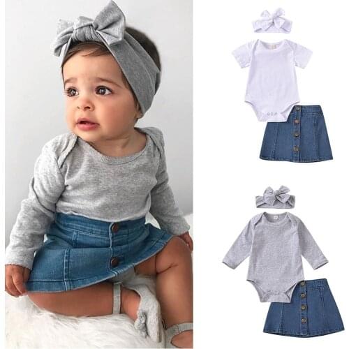 Kids Baby Girls Summer Autumn Fashion 3Pcs Outfit Solid Color Long/Short Sleeve Romper+Denim Skirt + Headband Set 6-24 Months