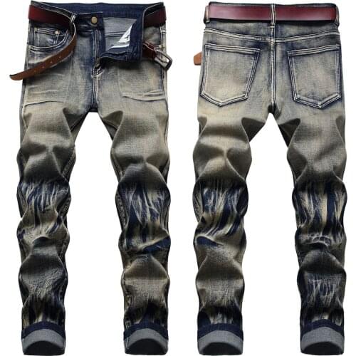 2021 Men’s Retro Slim-fit Denim Pants,Hard Washed&Old-Colored Street Fashion Jeans,Stretch Straight Long Pants,Youth Must