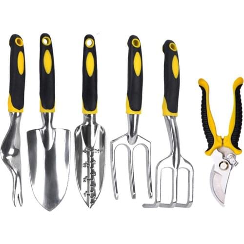 6 Piece Gardening Tool Kit includes shovel cultivator trowel weeder rake pruner Heavy Duty Cast-Aluminum Heads Ergonomic Handles