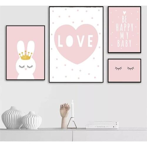 Pink Cartoon Rabbit Wall Art Poster Glitter Crown Bunny Art Print Love Heart Quotes Canvas Painting Nordic Baby Kids Room Decor