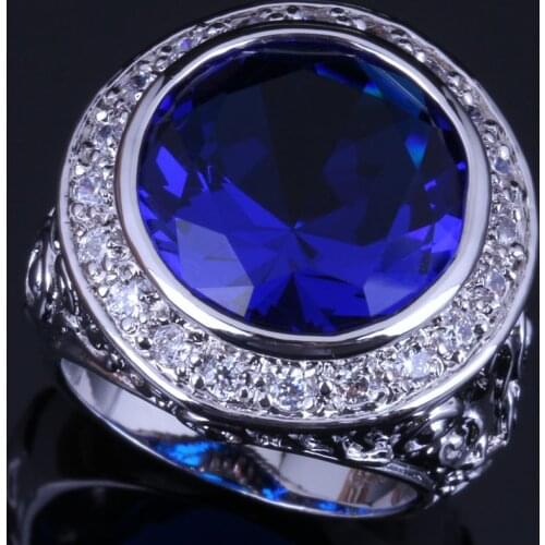 Unusual Big Round Blue Cubic Zirconia White CZ Silver Plated Ring V0565