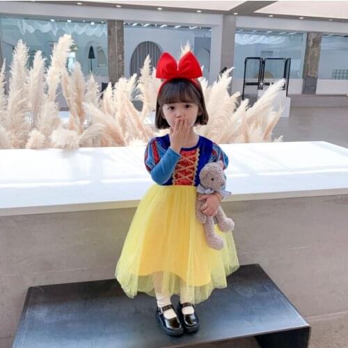 2021 Autumn New Snow White Long-Sleeved Princess Dress Velvet Mesh Dress Cute Girl Christmas Child Dress Princess Dress