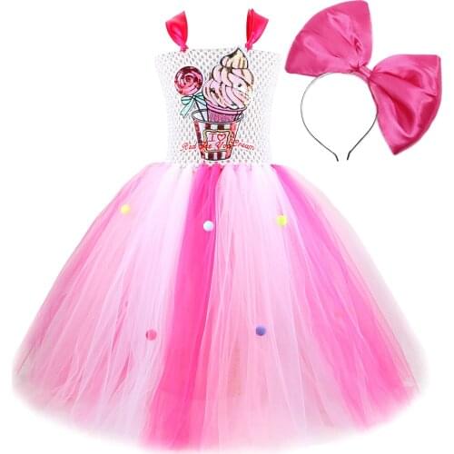 Ice Cream Long Tutu Dress for Girls Birthday Party Costume Kids Girl Candy Princess Dresses with Hair Bow Ball Gown Floor Length