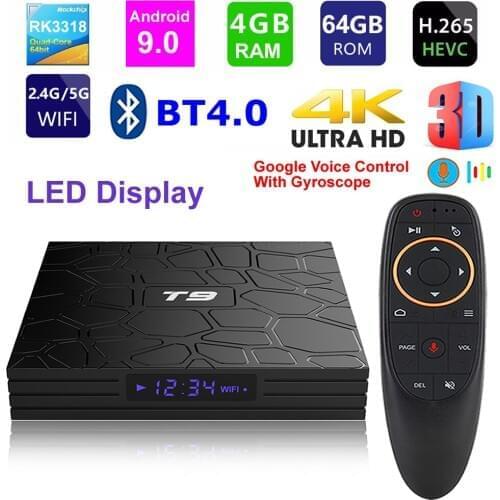 Android 9.0 Smart TV BOX T9 RK3318 Quad core 4GB Ram 64G Rom BT4.0 2.4G/5G Dual WIFI LED Display 3D HDR 4K TV Set Top Box