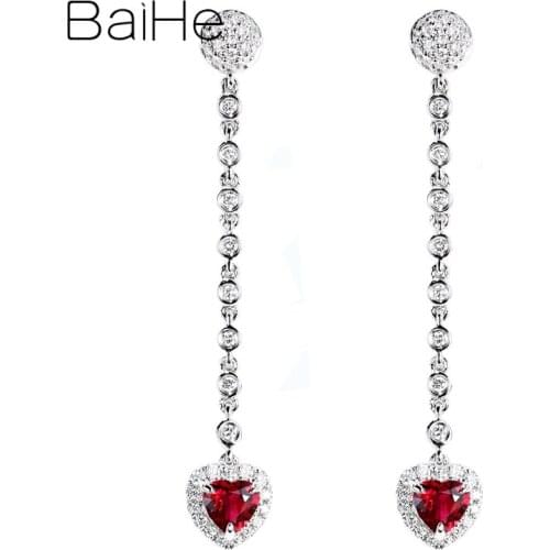 BAIHE Solid 14K White Gold 0.40ct Natural Rubis 0.25ct H/SI Natural Diamonds Trendy Fine Jewelry Heart Earring for Women серьги