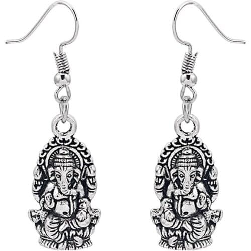 1pair Antique Silver Color Ganesha Elephant Buddha Charms Pendant Earring Dangle Statement Earring