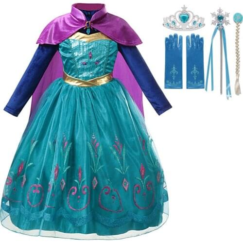 Baby Girl Long Sleeve Mesh Dress Girl Anna Cosplay Clothes Children Halloween Party Costume Fancy Dresses