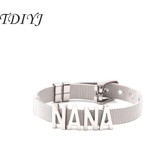 TDIYJ Grandma Family Newest Collection Mesh Stainless Steel Keeper Bracelet with NANA Slide Charms for Women 1Set