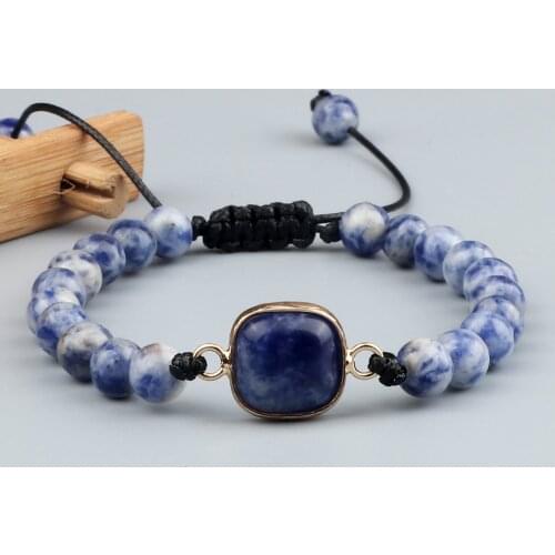High Quality 6 8MM Blue Sodalite Stone Braided Bracelet Square Drop Type Pendant Bangles Jewelry Adjustable Chain Gift for Lover