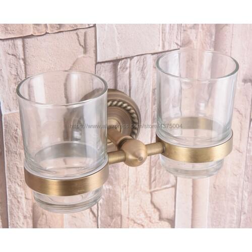 High Quality Bathroom Antique Brass Toothbrush Holder + Two Glass Cups Wall Mounted Bathroom Accessories Nba225