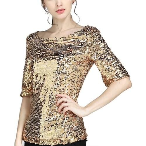 Women Shiny Stretch Tops Female Sequin Embroidery Five-point Sleeve Loose Blouses 2021 Summer Casual Shirt Plus Size Streetwear