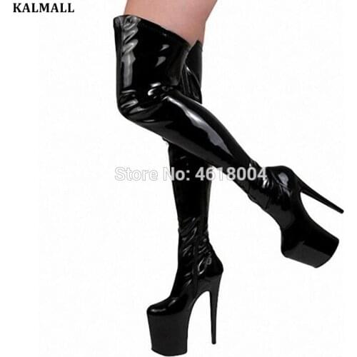 KALMALL Women Dance Platform Overknee Boots 20cm Ultra High Heels Red Black Fetish Motorcycle Pole Dancer Boots Long Zipper Shoe