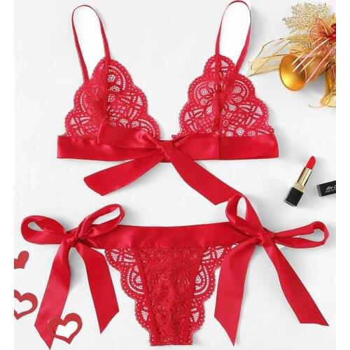 Womens Red Ribboned And Lace Bra Panty Set