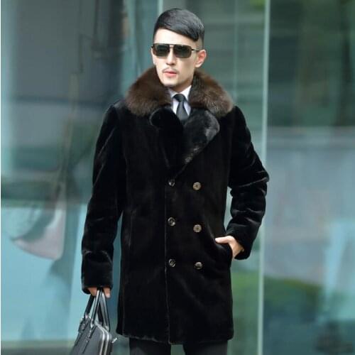 Winter thicken warm faux fur coats mens leather imitation mink coat men double breasted overcoat suit collar jaqueta de couro