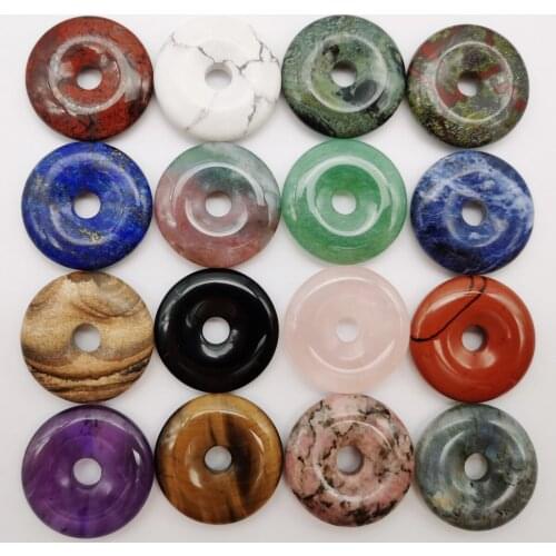 30MM Natural Crystal Aventurine Tigereye Lapis Rhodonite Sodalite Picture Stone Carved Safety Button Pendant Necklace Jewelry