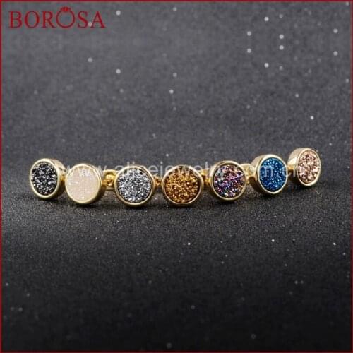 BOROSA 1Pair 8mm Round Natural Agates Titanium Druzy Stud Earrings Titanium Drusy Geode Studs Gems for Women Girls G0198
