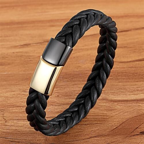 XQNI Geometric Braided Stainless Steel Buckle Clasp Genuine Leather Bracelet for Men Color Combination Design Hand Accessories
