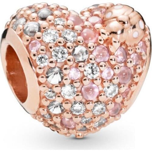 New 925 Sterling Silver Pink Pave Heart Charm Beads Fit Original Pandora Bracelet Necklace DIY Silver 925 Jewelry Gift