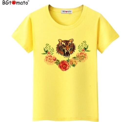 BGtomato T shirt Flower and tiger cool t-shirt women Hot sale band new short sleeve tee shirt femme Cheap price brand clothes