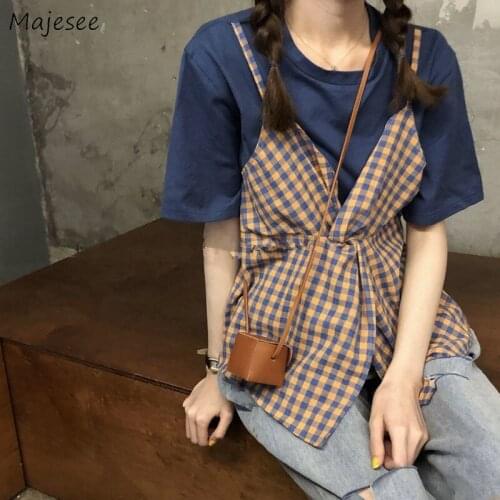 T-shirts Women Japanese Preppy Style Kawaii Fake Two Piece Girls Elegant Plaid Patchwork Abdomen Fashionable Casual O-neck Sweet