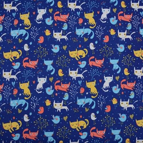Blue Cartoon Cat Canvas Cotton Fabric for Students Bag Cat Printing Canvas Fabric Sewing Material Diy Sofa/Shoes/pillow