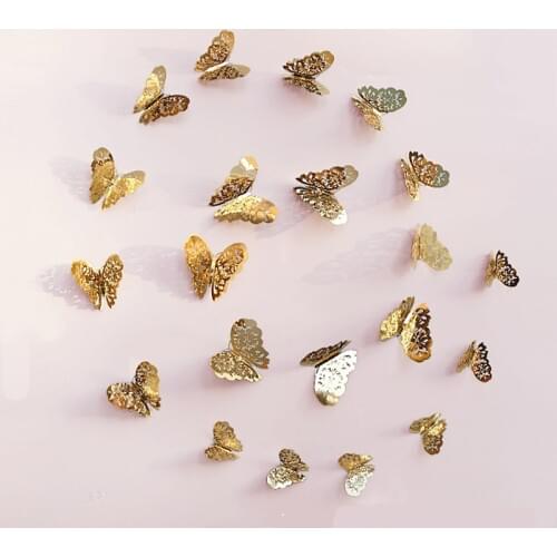 Hot 12 pièces/ensemble 3D creux papillons Stickers muraux pour réfrigérateur porte autocollant 3 tailles argent Rose or maison m