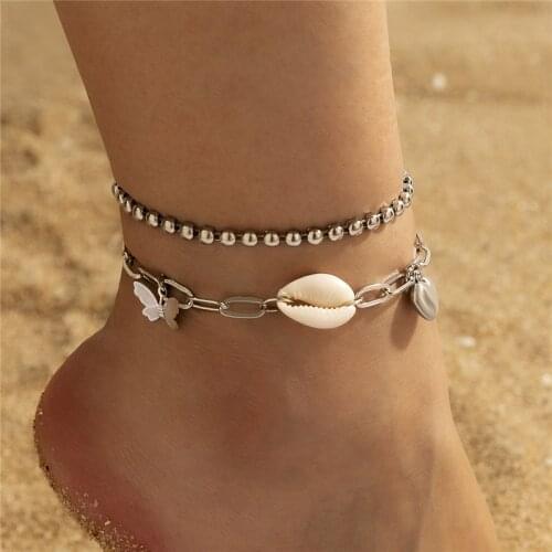 HuaTang Boho Love Heart Shell Charms Anklet Set for Women Silver Color Bead Butterfly Pendant Foot Chains Female Beach Jewelry