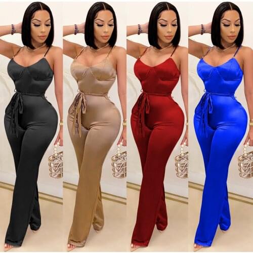 Echoine Strap Sleeveless Sexy Jumpsuit Skinny Bodycon Flare Wide Leg Playsuit Rompers Elegant Party Club Overalls Outfits Summer