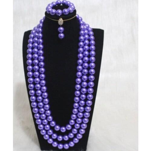Dudo Store Imitation Pearls Jewelry Set 16mm Purple African Beads Jewelry Set For Nigerian Weddings 3 Layers Long Design 2019