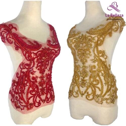 La Belleza Gold beaded beautiful large piece handmade crystal Rhinestone patch wedding dress applique accessories