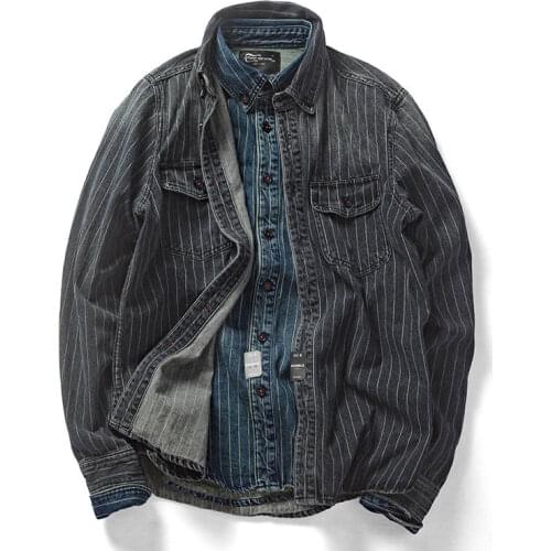 Mcikkny Vintage Men Stripe Washed Denim Shirts Cargo Casual long Sleeves Jeans Shirts For Male SIze S-XXL