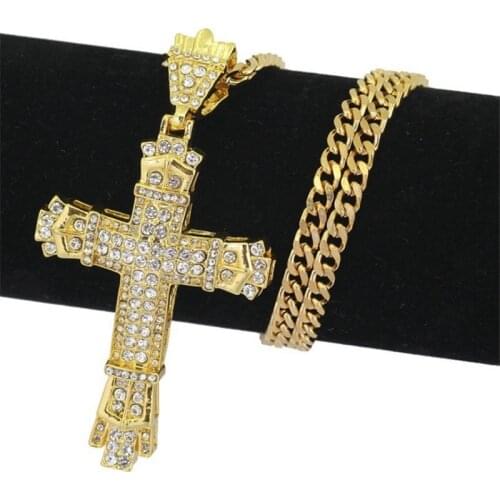 Men Punk Fashion Jewelry 24K Gold Rhinestone Crystal Pendant Cross Rhinestone Religious Pendant Necklace