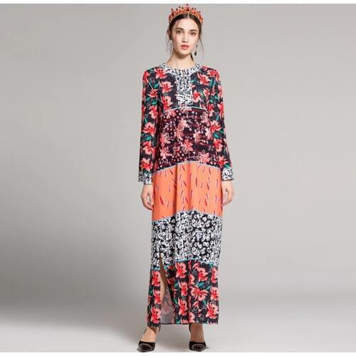 WholesaleWholesale Runway Boho Dress New Fashion Full Sleeve Floral Print Split Maxi Loose Dress Vestidos