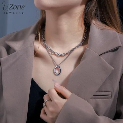 UZone Charm Stainless Steel Necklaces Double-layer Oval Pendant Choker Figaro Chain Necklace for Women Party Gift Jewelry Bijoux