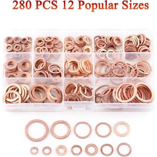 Pack of 280 Pcs Copper Flat Washer Plain Washers Flat Sealing Ring Kit With Box Fitting for Screws Bolts Fasteners(12 Sizes)