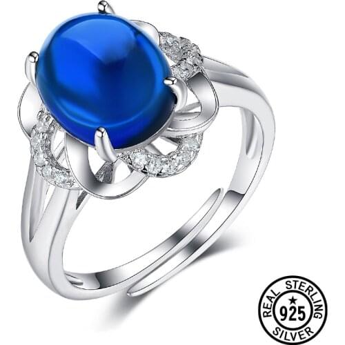 Dyson Adjustable Size Free Open Cabouchon Created Blue Sapphire Flower 925 Sterling Silver Rings For Women Girls Fine Jewelry
