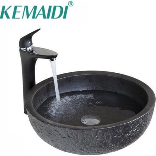 KEMAIDI New Bathroom Sink Washbasin Ceramics Hand-Painted+Basin Black Tap Lavatory Bath Combine Brass Set Tap Mixer Faucet