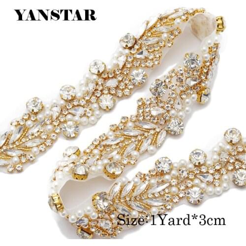 YANSTAR 3CM* 10Yard Rhinestones Trim Iron On Wedding Dresses Belt Rhinetones With Beads Crystal On DIY Bridal Sashes Y973