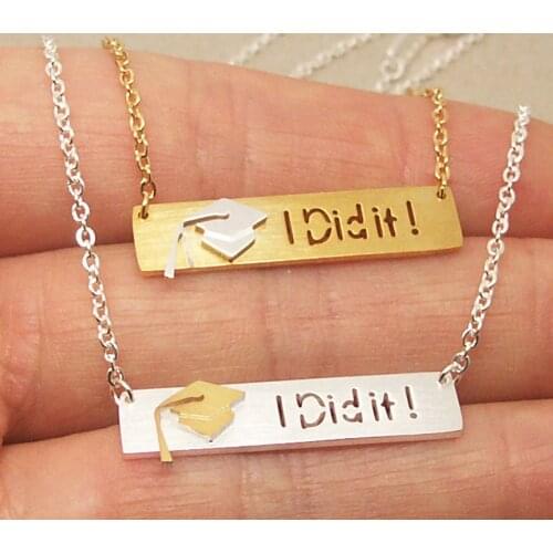 2018 Graduation Gift Bar Pendant Necklaces Stainless Steel Chain Dainty Graduate Dr Hat Charm I Did It Necklaces Boho Jewelry