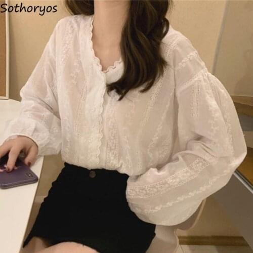Women Blouses Puff Sleeve Hook Flower Hollow Elegant Gentle Temper Teens Fashion Loose Leisure Shirts Single Breasted V-neck New