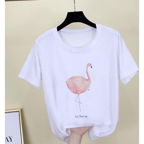 2021 New Summer T shirt Women kawaii Flamingo Printed Tshirt Tops Female Clothing Harajuku White T-shirt Short Sleeve Streetwear