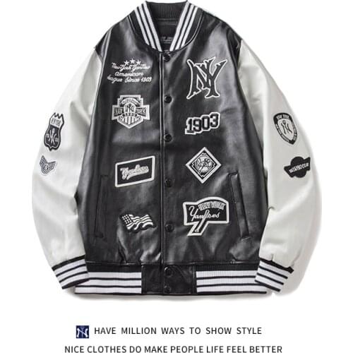 2021 New Autumn&Winter PU Leather Motorcycle Patchwork Embroid Award Womens Baseball Bomber Jacket Unisex Varsity Stadium Chic