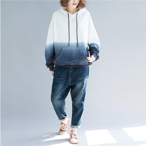 Fashion Blue Gradient Color Large Size Hoodies Women Spring Autumn Casual Loose Hooded Sweatshirts Long Sleeve Cotton Coat 2020