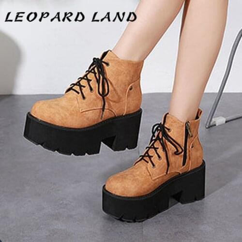 LTARTA Black Brown Women Boots Platform Thick Heels Winter Ankle Boots Bottom Thick Belt High Heel Boots Lace-Up JXQ-7693