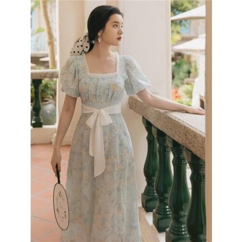 Korean Design Women Long Dress Summer Vintage Light Blue Hollow Out Puff Sleeve Elegant Midi Dresses Gorgeous Vestido Festa