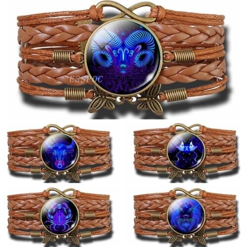 12 Zodiac Sign Handmade Vintage Leather Bracelet Aquarius Pisces Aries Taurus Constellation Jewelry Birthday Gift