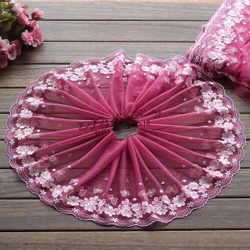 Free shipping 2yards/lot 21cm wide Embroidered Tulle Lace trim mesh lace trim ~Magenta Haze+Pink + White~beautiful