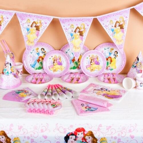 6pcs Princess Aurora Cinderella Ariel Girl Birthday Party Decoration Paper Cup Plate Napkin Straw Disposable Tableware Supplies
